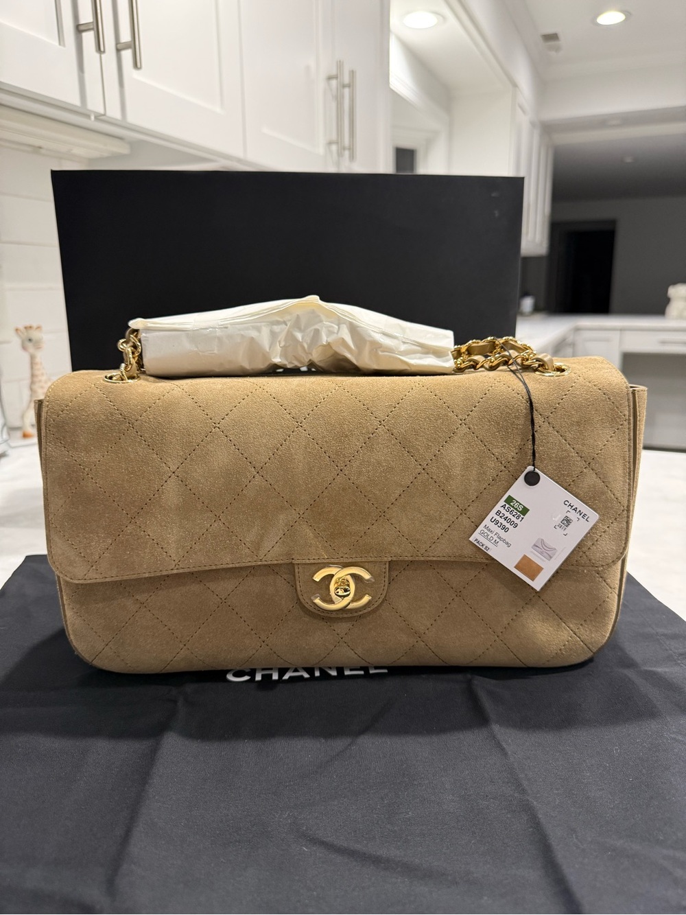 Chanel Maxi "Souplissimo" Large Flap Bag Beige Suede Gold Hardware